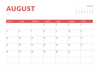 Monthly page Calendar Planner Templates of August 2024. Vector layout of simple calendar with week start Monday for print. Page for size A4 or 21x29.7 cm