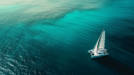 A solitary catamaran sailboat floating in the midst of a pristine tropical ocean, captured from above - obrazy, fototapety, plakaty