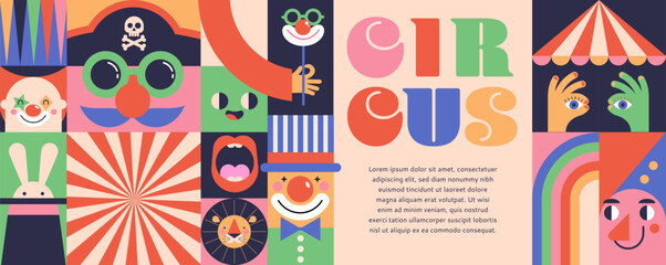 Obraz premium Circus, Carnival, Street Festival, Purim Carnival concept illustrations, Circus background. Geometric retro style design. Vector illustrations, posters, banner
