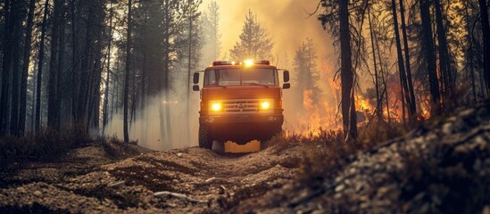 Fire truck navigates challenging terrain while responding to a forest fire. - obrazy, fototapety, plakaty