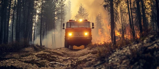 Gordijnen Fire truck navigates challenging terrain while responding to a forest fire. © AkuAku