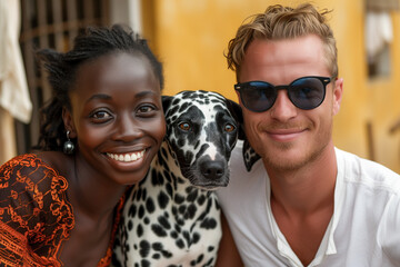Multiracial Couple with Dog Outdoors. African Woman and Caucasian Man with Dalmatian Dog in the...