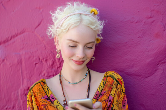 Beautiful Caucasian Girl Using Phone Outdoors on Purple Background. White Young Woman Smiling. White Hair Girl Use Smart Phone.Lifestyle Concept