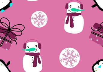 Winter seamless snowman pattern for fabrics and textiles and packaging and gifts and cards and linens and kids