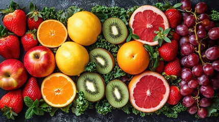 Healthy food. Vegetables and fruits. On a black concrete background. Top view. Copy space