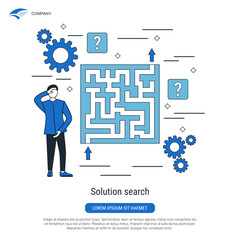 Solution search, labyrinth flat contour style vector concept illustration