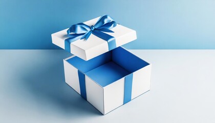blank open white gift box with blue bottom inside or opened present box with blue ribbon and bow on blue color background with shadow minimal concept 3d rendering