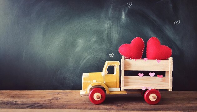 photo of wooden toy truck with hearts in front of chalkboard valentine s day celebration concept vintage filtered