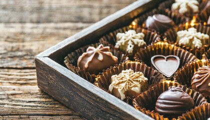 box with christmas chocolate candies on wooden table