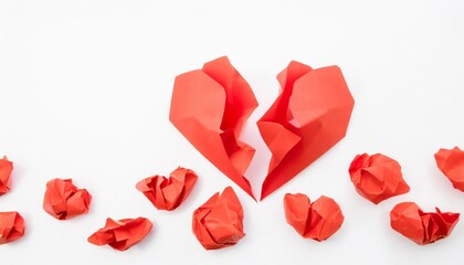 crumpled red heart paper on white background broken heart concept