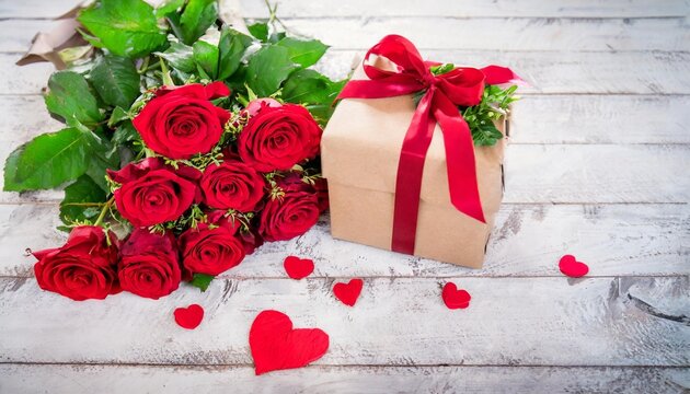 valentine gift with bouquet of red roses