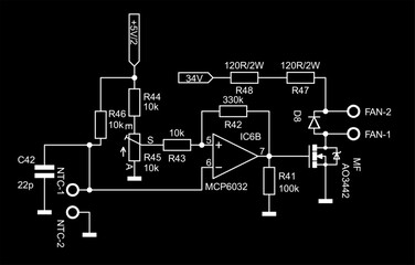 Schematic diagram of electronic device. 
Vector drawing electrical circuit with operational amplifier, 
resistor, capacitor, diode and other components.
