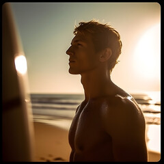 surfing man. esthetics. Sultry Swim: The Allure of the Summer Pool. Psychedelic beach scene, naked man on a beautiful beach Illustration of swimming. Summer and holiday concept.