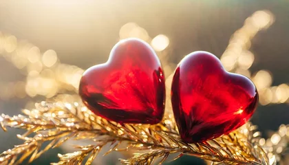 Fotobehang two red glass hearts on golden branches with beautiful light love and date st valentines day card 14 february wedding invitation or thank you concept wide banner with copy space © Faith