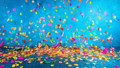 a festive and colorful party with flying neon confetti on a blue background