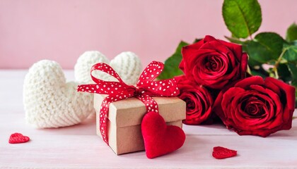 a mock up of a valentine s day banner with gift boxes knitted hearts and a bouquet of roses on a pink background