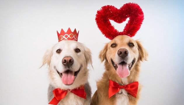 two happy dog present for valentine s day with a red ribbon on head and a heart shape diadem against white background
