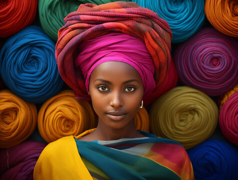 ethiopian women in colorful turban is a classic portrait of african style, in the style of minimalist textiles, technicolor dreamscapes, street scenes with vibrant colors, focus stacking, piles/stacks