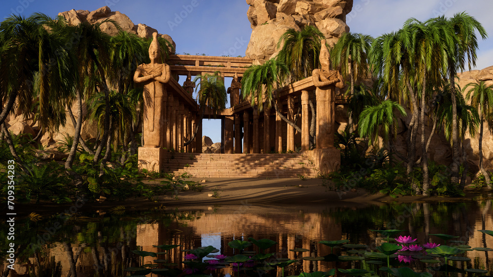 Poster Ancient fantasy temple with large stone statues and columns next to a lake in the jungle. 3D illustration.