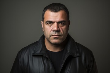 Portrait of a man in a black leather jacket on a dark background