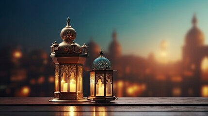 Decorative Arabic lanterns with burning candles shine on the evening mosque background. Festive greeting card, invitation to the Muslim holy month of Ramadan Kareem. copy space - generative ai