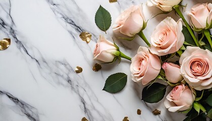 a photorealistic top view shot of a white marble background with scattered blush pink roses and delicate gold leaf accents creating an opulent and minimalistic beauty wedding glamor