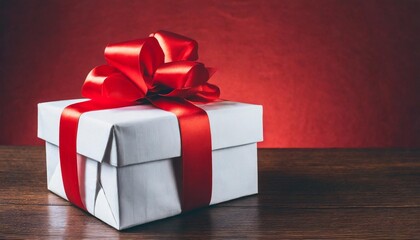 paquet cadeau blanc avec un noeud rouge centre sur un fond rouge fonce degrade avec un espace negatif pour texte pour noel st valentin nouvel an chinois ou anniversaire