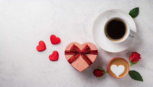 valentines day minimal concept with heart shape gift box and coffee cup