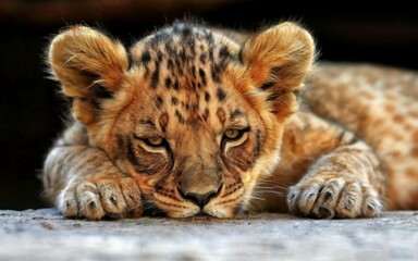 Lion cub lying sleepy
