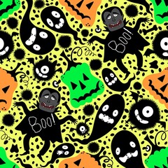Fototapeta premium Halloween cartoon doodle seamless vampire and monsters and pumpkins and ghost pattern for wrapping paper