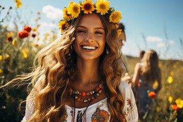 Ukrainian culture, a set of spiritual and material values created by people throughout its history, holidays and customs, heritage, embroidery, mountains, happiness beautiful dress. - obrazy, fototapety, plakaty
