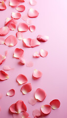 Fototapeta na wymiar vertical image of rose petals scattered like confetti with copy space to put a Valentine's Day concept text. Image created by AI