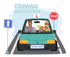 Instructor Guides Novice, Imparting Essential Driving Skills. Patiently Explains Rules, Maneuvers, Vector Illustration