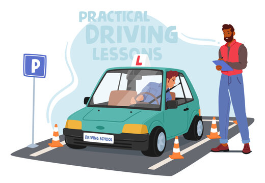 Instructor Guides Man Through Precise Parking Maneuvers, Emphasizing Spatial Awareness And Control At The Driving School