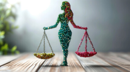 Concept of female business leaders balancing work and personal life. Holding scales, made from flowers.