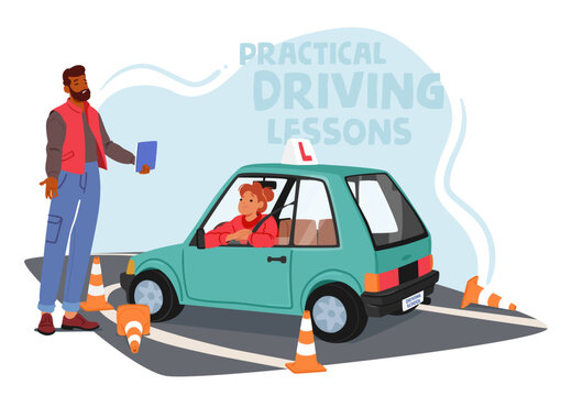 Determined Woman Perfects Her Driving Skills At Driving School, Navigating Through Challenges With Focus