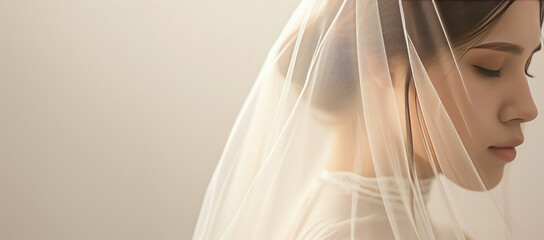 Bridal Elegance in Veil. Young woman portrait. Close-up of a bride's gaze through her delicate veil, highlighting her eyes, copy space.