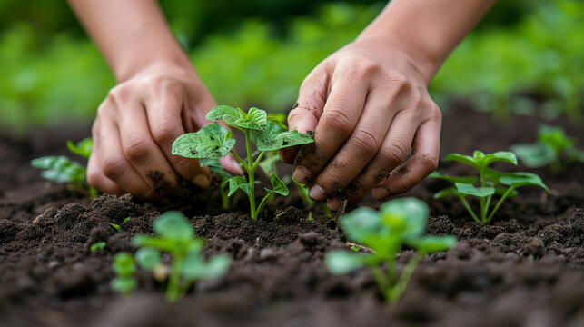 Hands planing young plants in fresh soil. Gardening in early spring time.