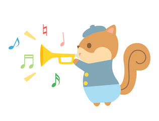 ラッパを吹くリスのイラスト 音符ありバージョン