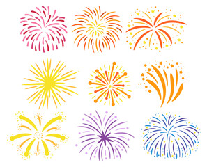 Fototapeta na wymiar Fireworks Design Elements Set. Vibrant Explosive Bursts, Stars, And Dazzling Patterns, Dynamic, Colorful, And Festive