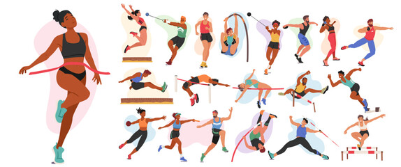Set of Athletes Male and Female Characters. Runner, Long and High Jump, Put Shot, Race Walk and Pole Jumping