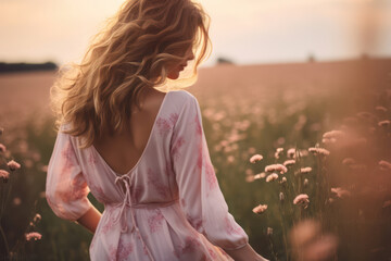 Fototapeta na wymiar Sunset Serenity: A Young Woman in a Summer Meadow, Enjoying the Beauty of Nature, Surrounded by Blooming Flowers and Basking in the Warmth of the Setting Sun.