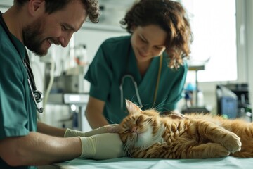 Veterinarian in a clinic, gently examining a cat on an examination table. Generative AI.
