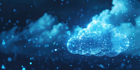 Fototapeta premium Digital Cloudscape with Sparkling Particles. A digital cloud formed of sparkling particles dots with a bokeh background.