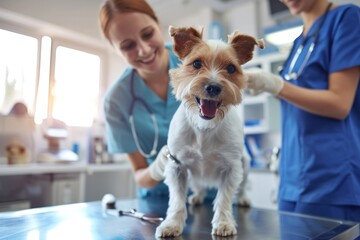 Veterinarian in a clinic, gently examining a dog on an examination table. Generative AI. - obrazy, fototapety, plakaty