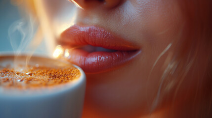 Closeup of woman's mouth about the take a sip of hot morning coffee from a white mug.
