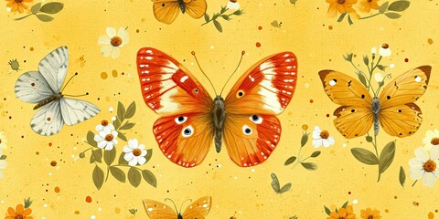 Sunny Yellow Floral and Butterflies Illustration