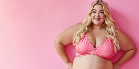 Portrait of a radiant plus-size woman in stylish swimwear against a flat pink background with copy space, banner template, celebrating body positivity. Confident Plus-Size Model portrait in Swimwear.