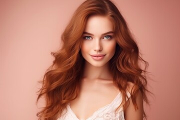 Fototapeta premium Bold and stylish, a radiant young woman with striking red locks. Young women with red long hair on the pink background