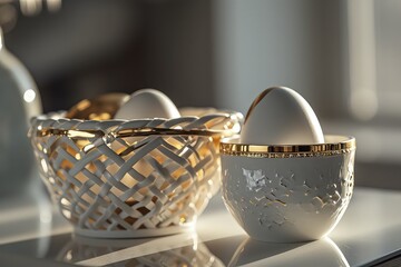 eggs delicately arranged in ornate gold egg cups on an antique wooden tray.